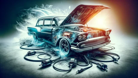 Electric Car Conversion Companies USA: Complete Guide (2026) 3 DALL·E 2023 11 22 10.32.39 An artistic image showing a classic car in the midst of an electric conversion process. The scene should depict the car with its hood open revealing